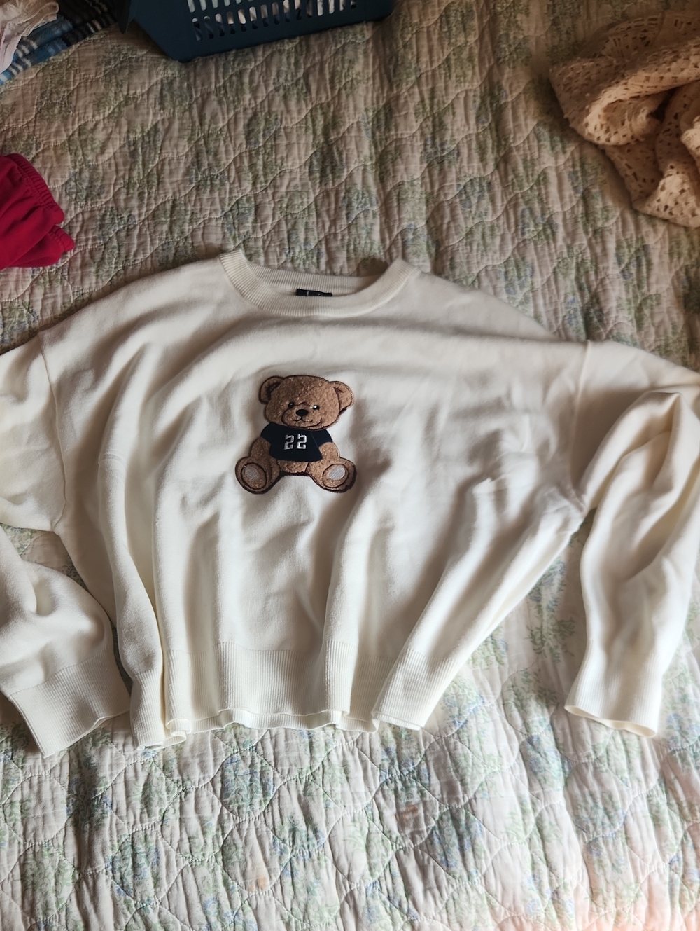 Justify Cream Crewneck Sweater with Teddy Patch